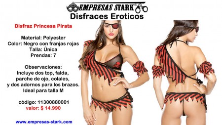 Disfraz Princesa Pirata Material: Polyester Color: Negro con franjas rojas Talla: Única Prendas: 7 Observaciones: Incluye dos top, falda,  parche de ojo, colales,  y dos adornos para los brazos. Ideal para talla M  código: 11300880001 valor: $ 14.990